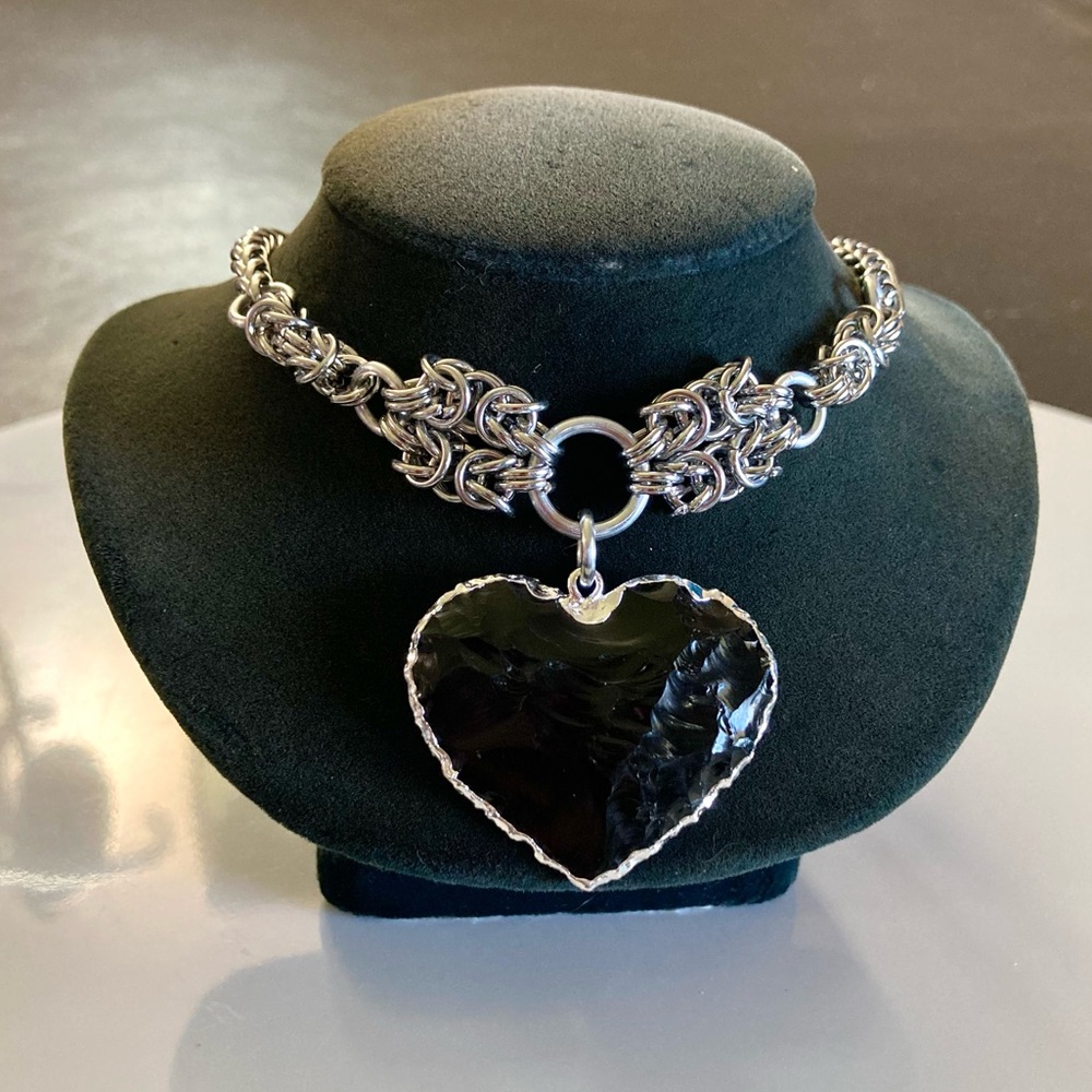 Handmade Genuine black obsidian heart charm maille silver boho choker necklace - Picture 3 of 11